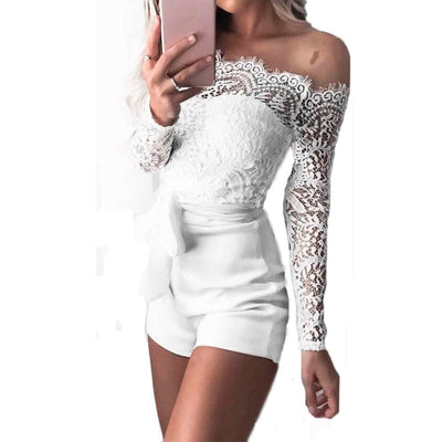 Women ladies summer autumn off shoulder sexy playsuits fashion long sleeve sheer lace patchwork hollow bandage skinny playsuits eprolo