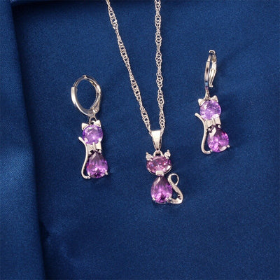 Kitty Earrings Necklace Set For Women Fashion Two Piece Jewelry Set Simple Zircon Set eprolo