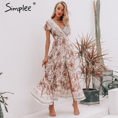Simplee Vintage floral print summer dress Ruffle split sash sexy long dress Bohemian women dress holiday beach dress vestidos eprolo