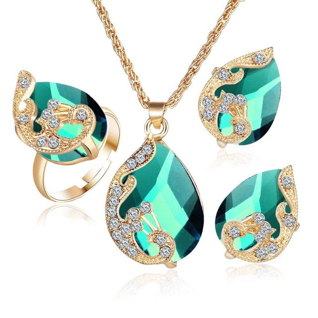 Crystal Peacock Jewelry Sets Necklace Earring Ring eprolo