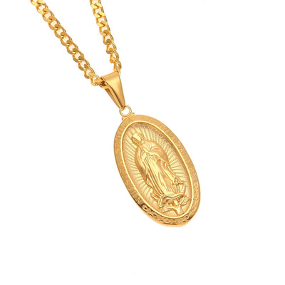 Catholic Religious Virgin Mary Necklace Pendant Stainless Steel Gold Color Cross Medallion Necklace eprolo