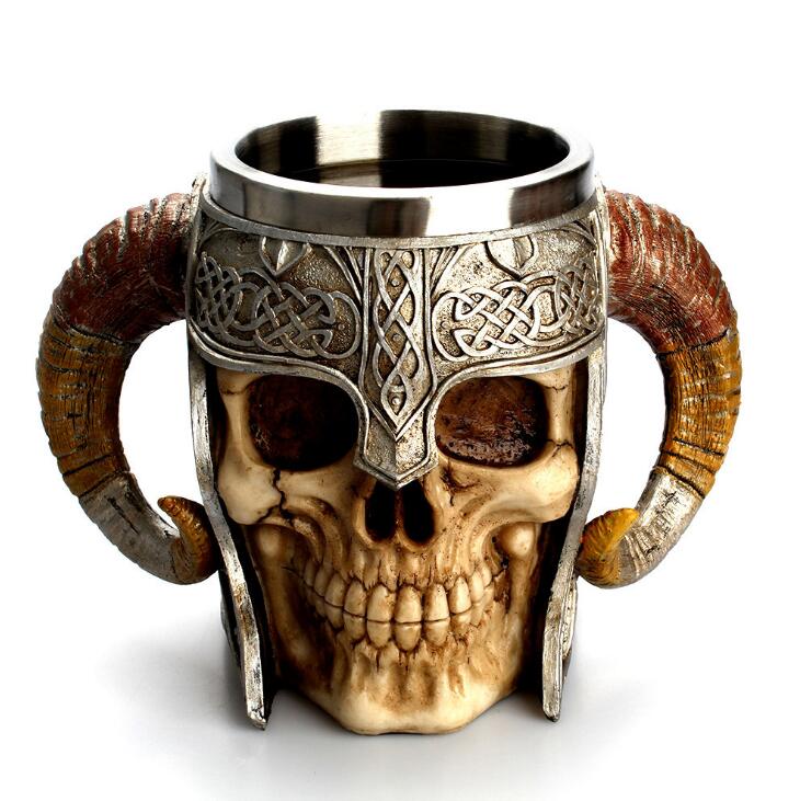 Stainless Steel Skull Mug Viking Ram Horned Pit Lord Warrior Beer Stein Tankard Coffee Mug Tea Cup Halloween Bar Drinkware Gift eprolo