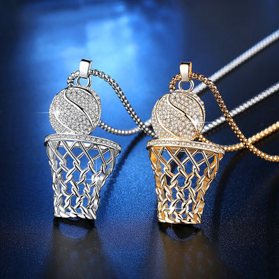 Men's Necklace Ice Gold Basketball And Hoop Necklace Gold Silver Steel Chain Pendant Long Chain Necklace Sport Cell Gift eprolo