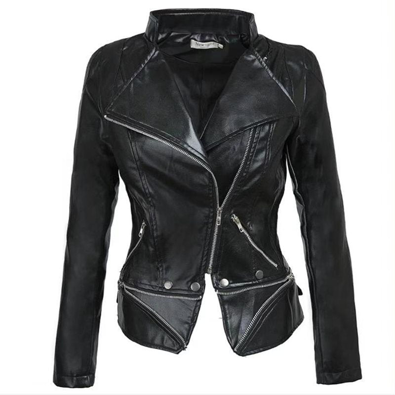 Plus Size 3XL Women Winter Gothic Black Faux Leather Jackets Zipper Basic Coat Turn-down Collar Vintage Motorcycle Outerwear eprolo