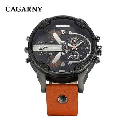 Cagarny Men's Quartz Watch  Date Dual Time Analog Leather Strap eprolo