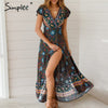 Simplee Vintage floral print summer dress Ruffle split sash sexy long dress Bohemian women dress holiday beach dress vestidos eprolo