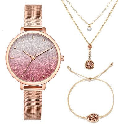 Stardust Watch Women Necklace Bracelet Set (3PCS/Set) Women's Watches Stainless Steel Mesh Starry Sky Quartz Female Wrist Watch eprolo