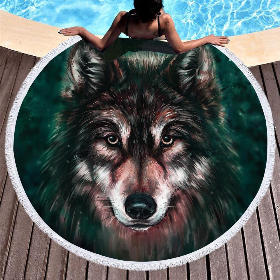 Oil painting wolf head Beach Towels Boho Swimwear Bathing Blanket