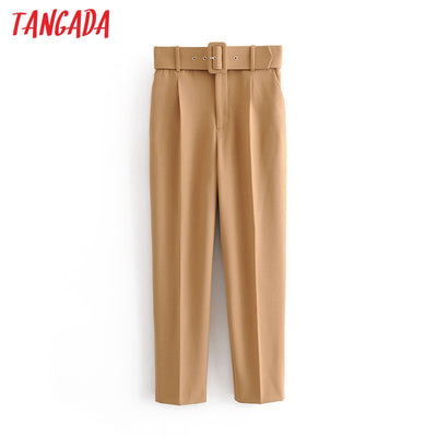 Tangada black suit pants woman high waist pants sashes pockets office ladies pants fashion middle aged pink yellow pants 6A22 Getbrewtaps.com