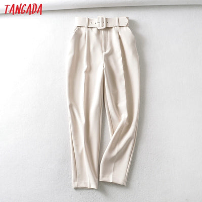 Tangada black suit pants woman high waist pants sashes pockets office ladies pants fashion middle aged pink yellow pants 6A22 Getbrewtaps.com
