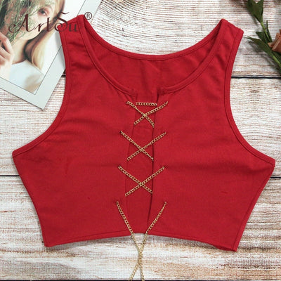 ArtSu Red Black White Metal Chain Sleeveless Crop Top Sexy Clubwear Women Adjustable Lace Up Hollow Out Tank Tops Tees Camisole Getbrewtaps.com