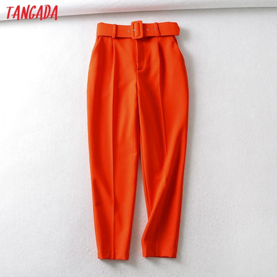 Tangada black suit pants woman high waist pants sashes pockets office ladies pants fashion middle aged pink yellow pants 6A22 Getbrewtaps.com