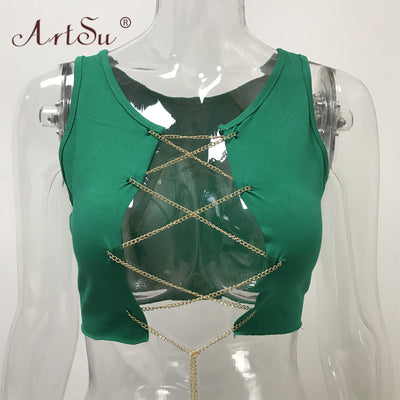 ArtSu Red Black White Metal Chain Sleeveless Crop Top Sexy Clubwear Women Adjustable Lace Up Hollow Out Tank Tops Tees Camisole Getbrewtaps.com