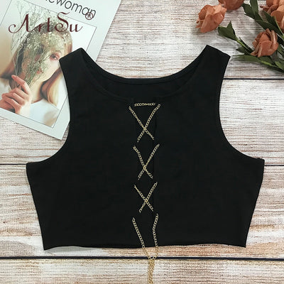 ArtSu Red Black White Metal Chain Sleeveless Crop Top Sexy Clubwear Women Adjustable Lace Up Hollow Out Tank Tops Tees Camisole Getbrewtaps.com