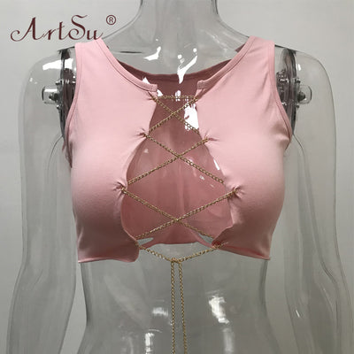 ArtSu Red Black White Metal Chain Sleeveless Crop Top Sexy Clubwear Women Adjustable Lace Up Hollow Out Tank Tops Tees Camisole Getbrewtaps.com