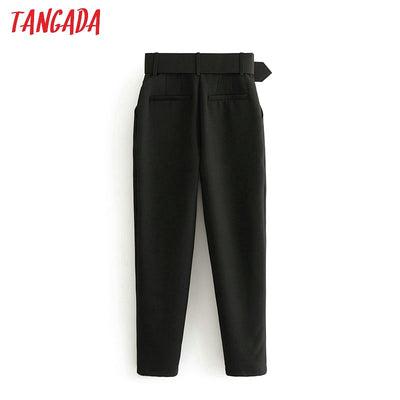 Tangada black suit pants woman high waist pants sashes pockets office ladies pants fashion middle aged pink yellow pants 6A22 Getbrewtaps.com