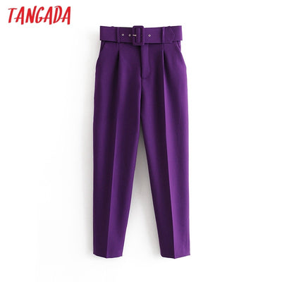 Tangada black suit pants woman high waist pants sashes pockets office ladies pants fashion middle aged pink yellow pants 6A22 Getbrewtaps.com