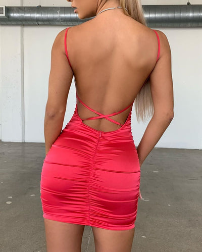 2020 summer Strap Mini Satin Dress Women Sexy Backless Cross Bandage Bodycon Party Dress Pleated Stretch Short Club Dress Getbrewtaps.com