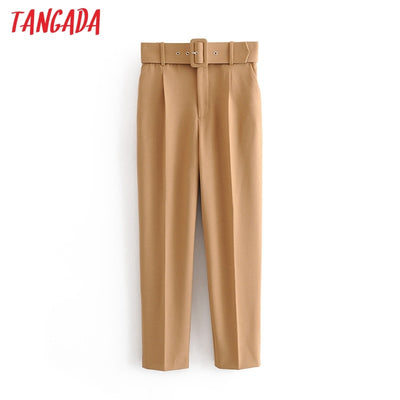 Tangada black suit pants woman high waist pants sashes pockets office ladies pants fashion middle aged pink yellow pants 6A22 Getbrewtaps.com