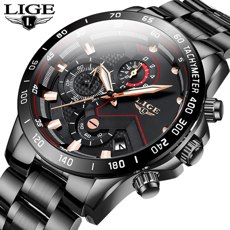 2020 LIGE Fashion Mens Watches Stainless Steel Top Brand Luxury Sport Chronograph Quartz Watch Men Black Watch Relogio Masculino Getbrewtaps.com