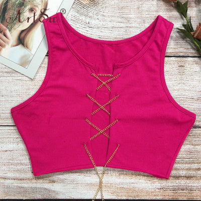 ArtSu Red Black White Metal Chain Sleeveless Crop Top Sexy Clubwear Women Adjustable Lace Up Hollow Out Tank Tops Tees Camisole Getbrewtaps.com