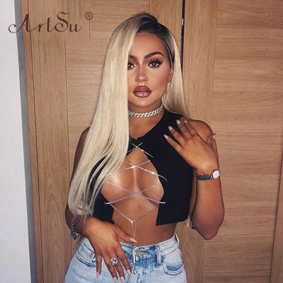ArtSu Red Black White Metal Chain Sleeveless Crop Top Sexy Clubwear Women Adjustable Lace Up Hollow Out Tank Tops Tees Camisole Getbrewtaps.com