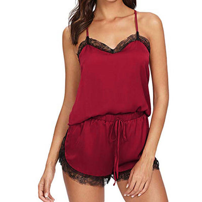 Women Sleepwear Pyjama Sets Sleeveless Strap Lace Trim Satin Cami Top Nightwear Femme Sexy Summer Homewear Sleepwears eprolo