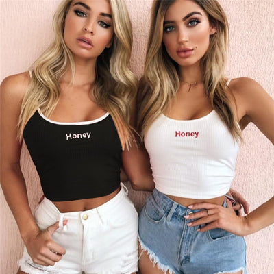 Sexy Women Crop Top 2018 Summer Honey Letter Embroidery Strap Tank Tops Cropped Feminino Ladies Elastic Shirt Vest Camisole Getbrewtaps.com