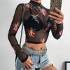 Sexy Women T Shirt See Through Transparent Mesh Tops Long Sleeve Sheer Slim Ladies Turtleneck T-Shirt New Arrival Women tshirt Getbrewtaps.com