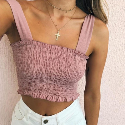 2020 New Summer Autumn Tube Crop top Women Bow Tie Strap Ruched tank Top Lettuce Edge Elastic Camis 5 colors Getbrewtaps.com