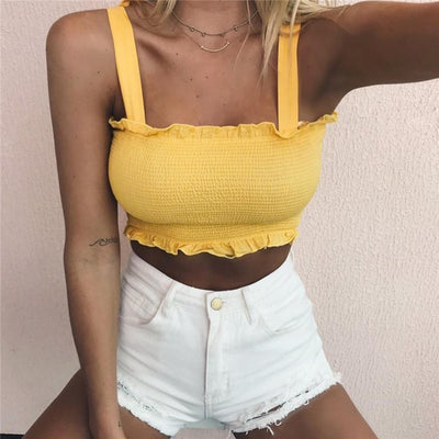 2020 New Summer Autumn Tube Crop top Women Bow Tie Strap Ruched tank Top Lettuce Edge Elastic Camis 5 colors Getbrewtaps.com