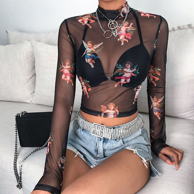 Sexy Women T Shirt See Through Transparent Mesh Tops Long Sleeve Sheer Slim Ladies Turtleneck T-Shirt New Arrival Women tshirt Getbrewtaps.com