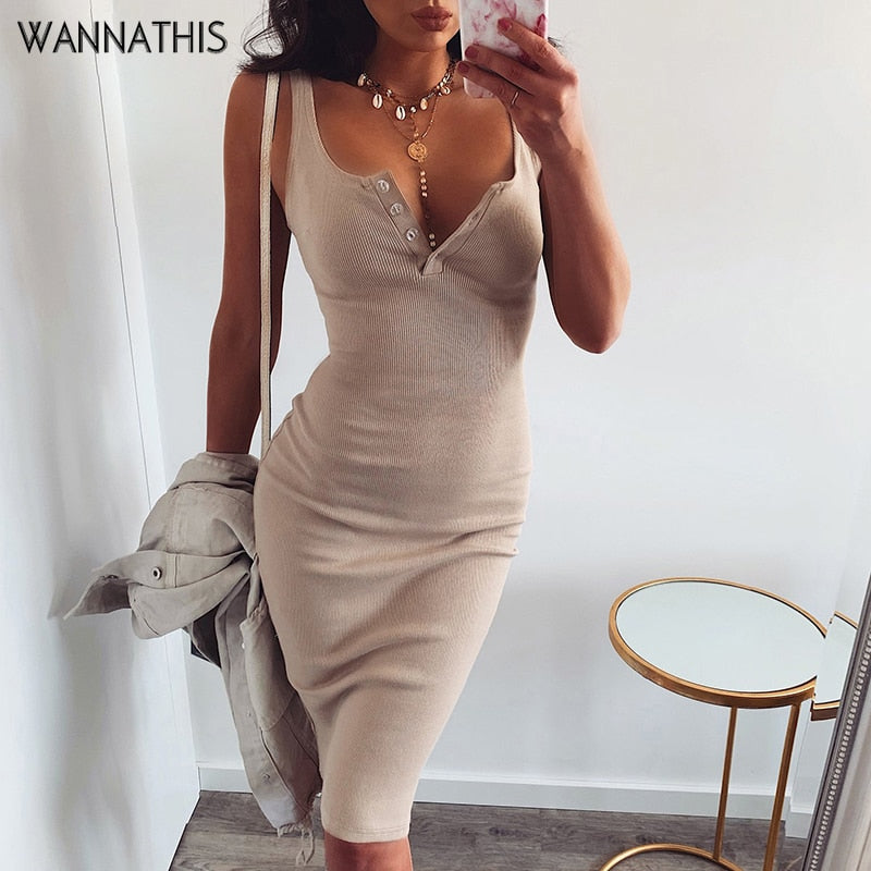 WannaThis Knee-Length Dress Knitted Elastic Sleeveless Bodycon elegant Women 2019 Summer Sexy V-Neck Button Party Slim Dresses Getbrewtaps.com