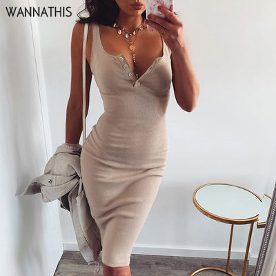 WannaThis Knee-Length Dress Knitted Elastic Sleeveless Bodycon elegant Women 2019 Summer Sexy V-Neck Button Party Slim Dresses Getbrewtaps.com