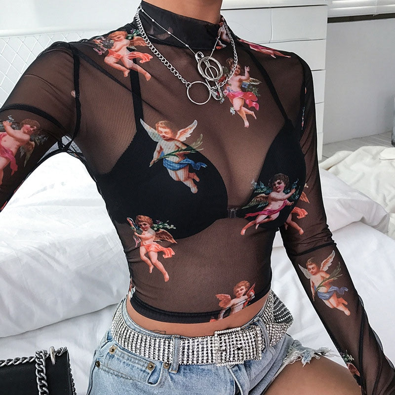Sexy Women T Shirt See Through Transparent Mesh Tops Long Sleeve Sheer Slim Ladies Turtleneck T-Shirt New Arrival Women tshirt Getbrewtaps.com