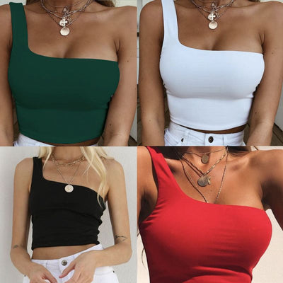 Women Lady Female One Shoulder Crop Tops Sleeveless T-Shirt Tank Tops Summer Beach Vest Bare Midriff Summer Fashion Clothes Getbrewtaps.com