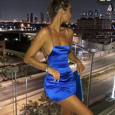 2020 summer Strap Mini Satin Dress Women Sexy Backless Cross Bandage Bodycon Party Dress Pleated Stretch Short Club Dress Getbrewtaps.com