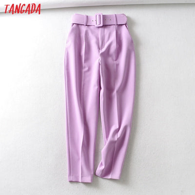 Tangada black suit pants woman high waist pants sashes pockets office ladies pants fashion middle aged pink yellow pants 6A22 Getbrewtaps.com