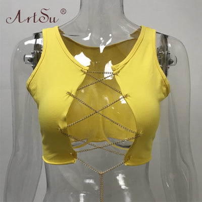 ArtSu Red Black White Metal Chain Sleeveless Crop Top Sexy Clubwear Women Adjustable Lace Up Hollow Out Tank Tops Tees Camisole Getbrewtaps.com