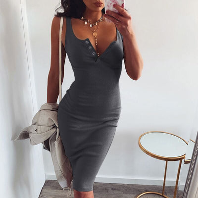WannaThis Knee-Length Dress Knitted Elastic Sleeveless Bodycon elegant Women 2019 Summer Sexy V-Neck Button Party Slim Dresses Getbrewtaps.com