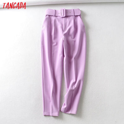 Tangada black suit pants woman high waist pants sashes pockets office ladies pants fashion middle aged pink yellow pants 6A22 Getbrewtaps.com