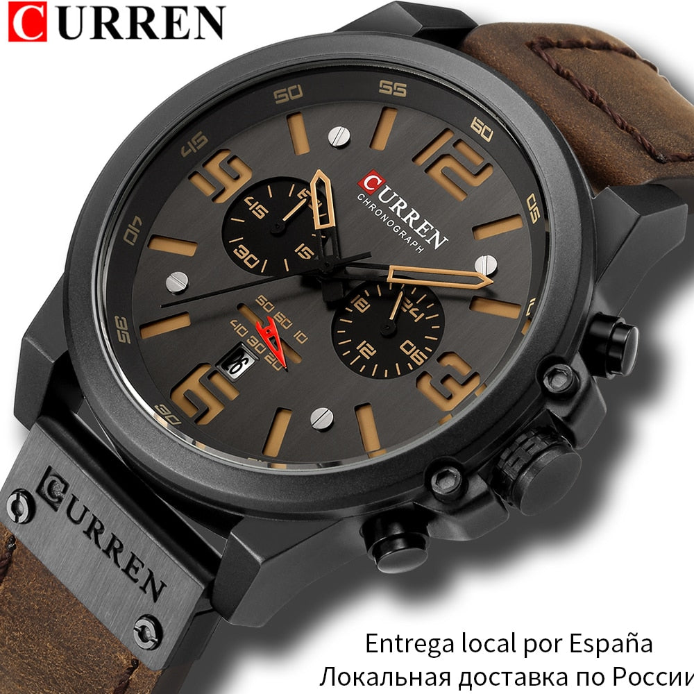 CURREN Mens Watches Top Luxury Brand Waterproof Sport Wrist Watch Chronograph Quartz Military Genuine Leather Relogio Masculino Getbrewtaps.com