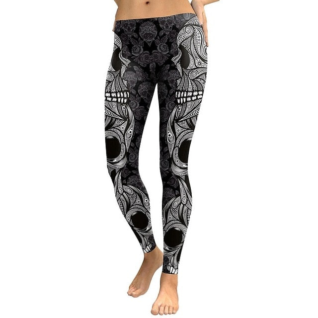 2020 New Design Leggings Women Skull Head Digital Print Rose Fitness Leggins Plus Size Elastic Workout Pants Legins eprolo