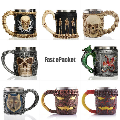 Personalized Skull Mug Double Wall Stainless Steel Knight Tankard Dragon Drinking Tea Beer Coffee Cup Caneca Viking Gift eprolo