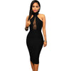 Black Sexy Sleeveless Hanging Neck Mesh Stitching Slim Dress eprolo