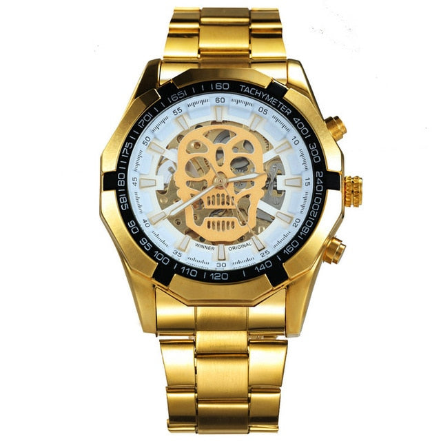 Mechanical Watch Men Skull Golden Stainless Steel Strap Skeleton Man Watch eprolo