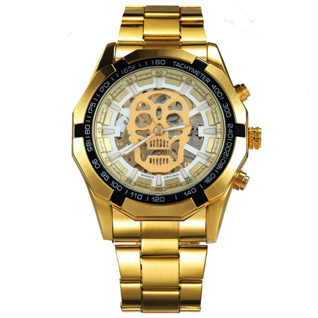 Mechanical Watch Men Skull Golden Stainless Steel Strap Skeleton Man Watch eprolo