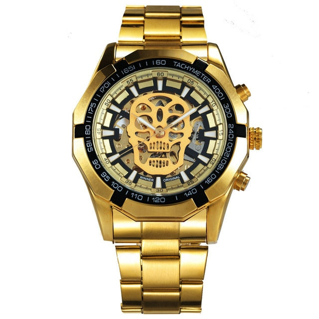 Mechanical Watch Men Skull Golden Stainless Steel Strap Skeleton Man Watch eprolo