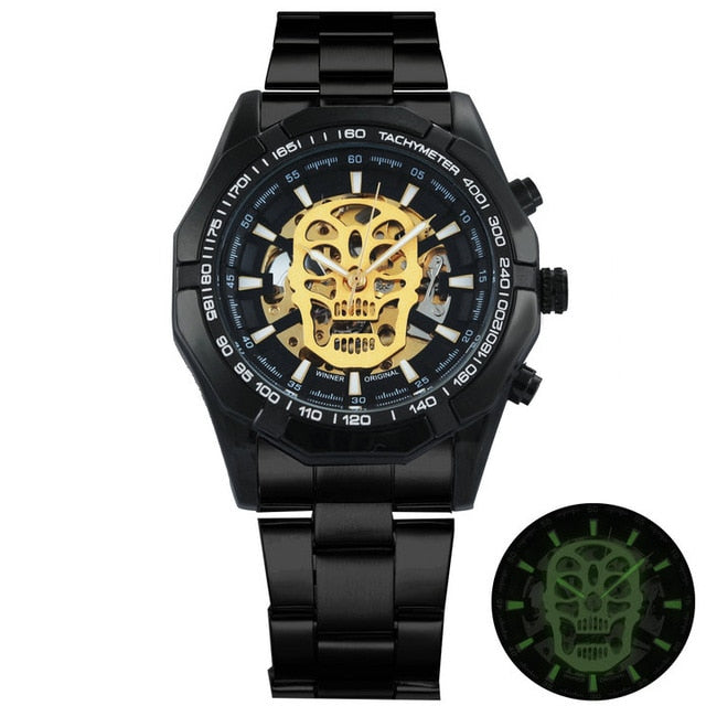 Mechanical Watch Men Skull Golden Stainless Steel Strap Skeleton Man Watch eprolo