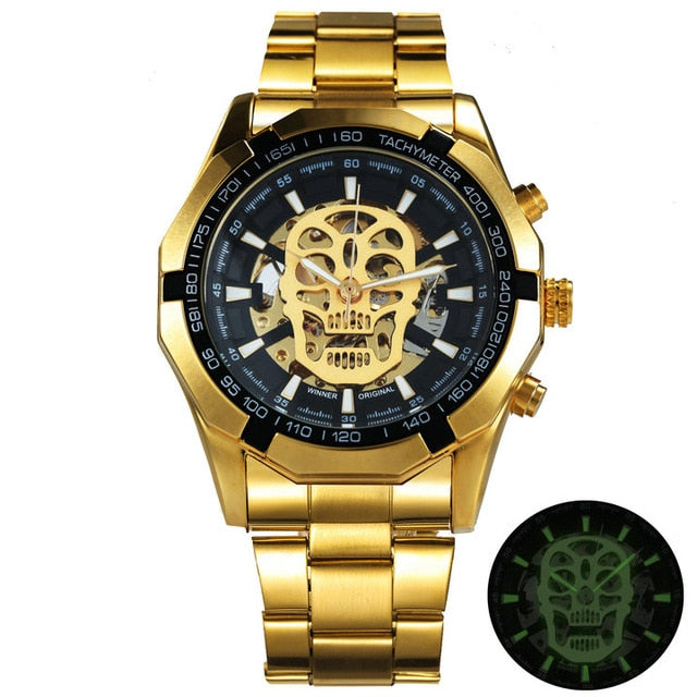 Mechanical Watch Men Skull Golden Stainless Steel Strap Skeleton Man Watch eprolo